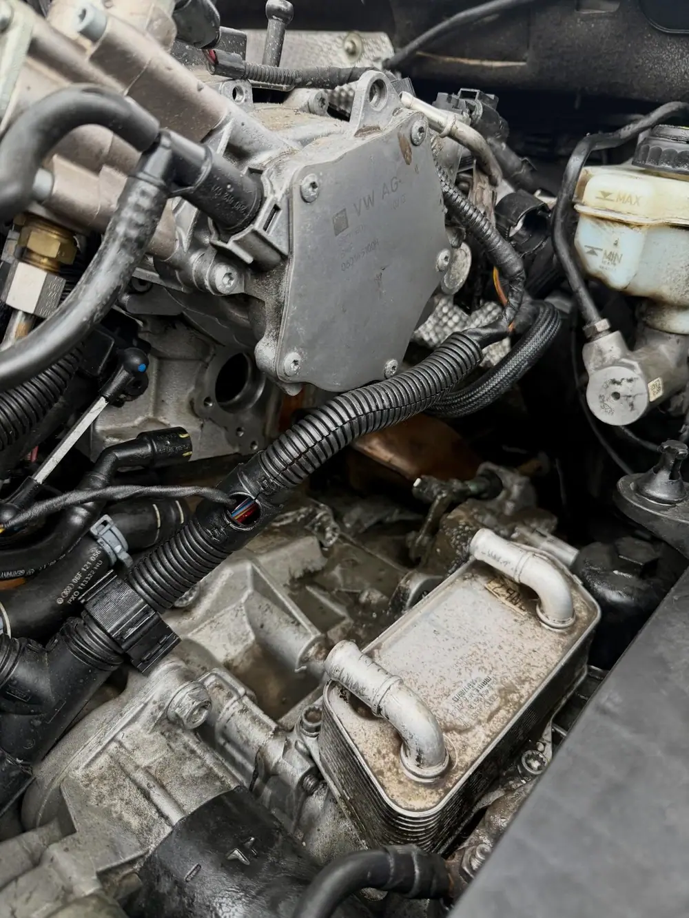 Oil cooler and vacuum pump with the leak source traced